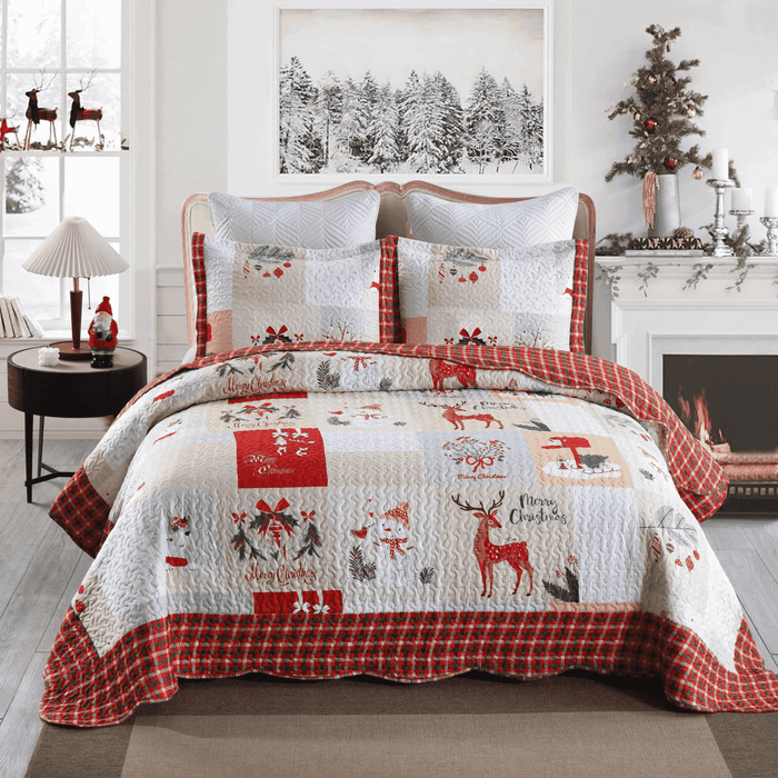 Marcielo Christmas Quilt Set - Mailbox, Deer, Snowman Pattern Holiday Bedding Bed Set (1 Quilt 2 Pillow Shams) - B023