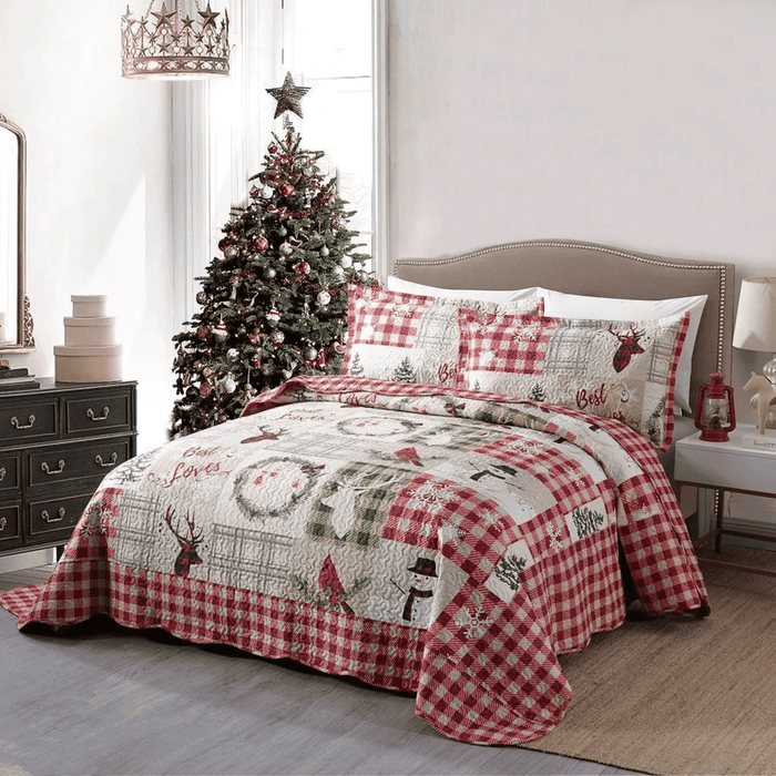 Marcielo Christmas Quilt Set - Xmas Tree Elk Holiday Bedding Bed Set (1 Quilt 2 Pillow Shams) - B009