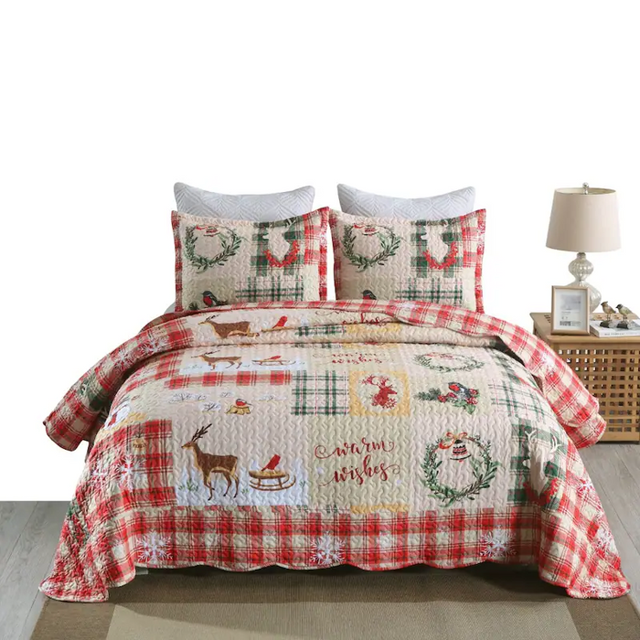 Marcielo Christmas Quilt Set - Snowflakes, Deer, Snowman Pattern Holiday Bedding Bed Set (1 Quilt 2 Pillow Shams) - B021