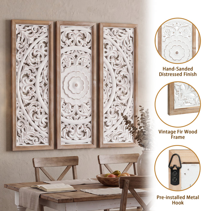RiteSune Farmhouse Wall Sculpture Carved Wood Wall Art Decor, 3 Panel Floral Rustic Wooden Frame Hanging Wall Décor for Living Room Bedroom Entryway Hallway, 30" x 30"