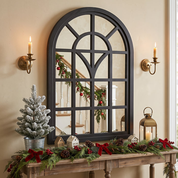 RiteSune Arched Window Wall Mirror, Black Decorative Mirror with Window Pane, Farmhouse Accent Mirror for Entryway, Living Room, Bedroom, Bathroom, 24" x 34"H