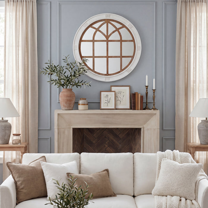 28" Farmhouse Round Window Mirror, Rustic White Wall Decor Mirror