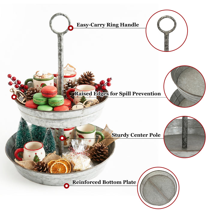 FLORA Farmhouse 2 Tiered Galvanized Serving Tray Stand with Carry Handle, Rustic Metal Display Tray for Cupcake Dessert Fruit, Silver
