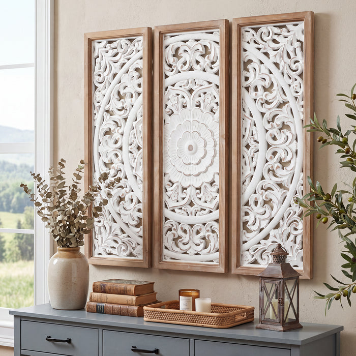 RiteSune Farmhouse Wall Sculpture Carved Wood Wall Art Decor, 3 Panel Floral Rustic Wooden Frame Hanging Wall Décor for Living Room Bedroom Entryway Hallway, 30" x 30"
