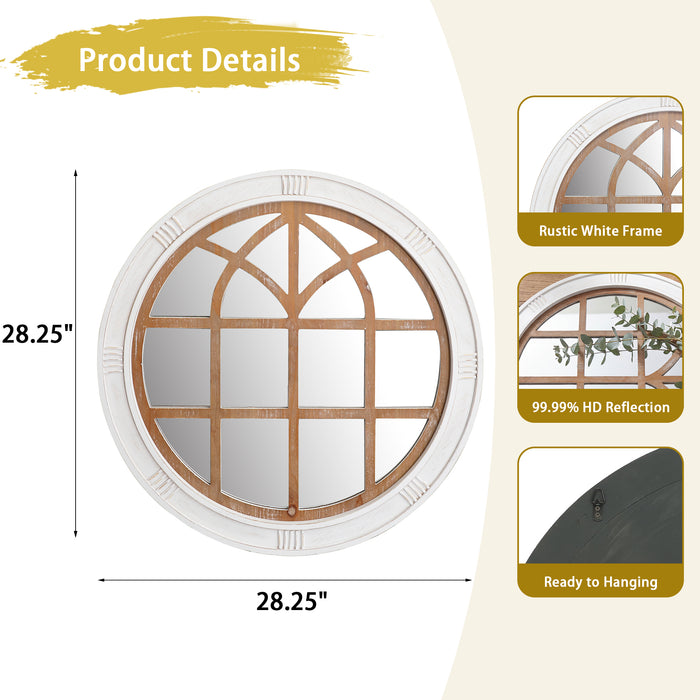 28" Farmhouse Round Window Mirror, Rustic White Wall Decor Mirror