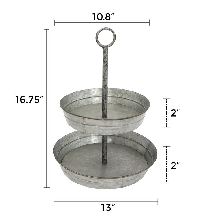 FLORA Farmhouse 2 Tiered Galvanized Serving Tray Stand with Carry Handle, Rustic Metal Display Tray for Cupcake Dessert Fruit, Silver