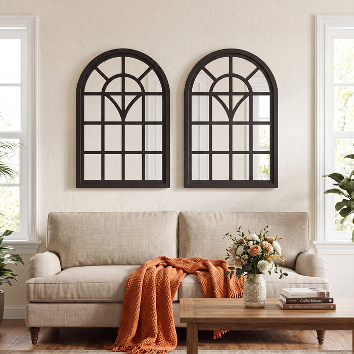 RiteSune Arched Window Wall Mirror, Black Decorative Mirror with Window Pane, Farmhouse Accent Mirror for Entryway, Living Room, Bedroom, Bathroom, 24" x 34"H