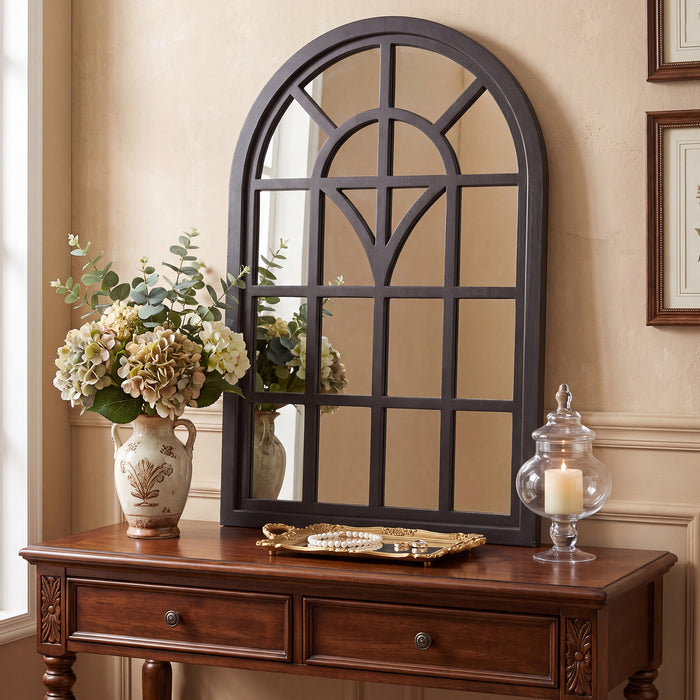 RiteSune Arched Window Wall Mirror, Black Decorative Mirror with Window Pane, Farmhouse Accent Mirror for Entryway, Living Room, Bedroom, Bathroom, 24" x 34"H