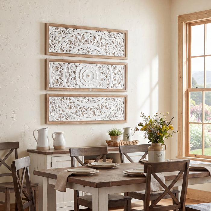 RiteSune Farmhouse Wall Sculpture Carved Wood Wall Art Decor, 3 Panel Floral Rustic Wooden Frame Hanging Wall Décor for Living Room Bedroom Entryway Hallway, 30" x 30"
