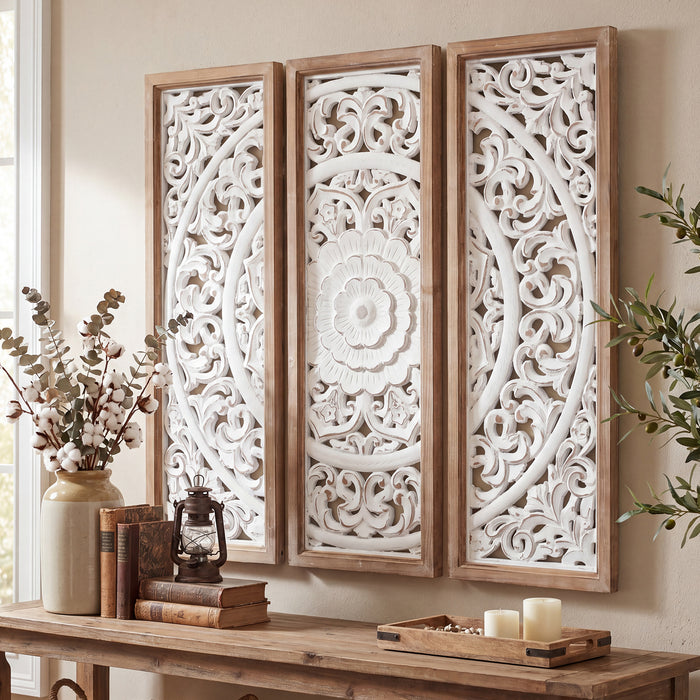 RiteSune Farmhouse Wall Sculpture Carved Wood Wall Art Decor, 3 Panel Floral Rustic Wooden Frame Hanging Wall Décor for Living Room Bedroom Entryway Hallway, 30" x 30"