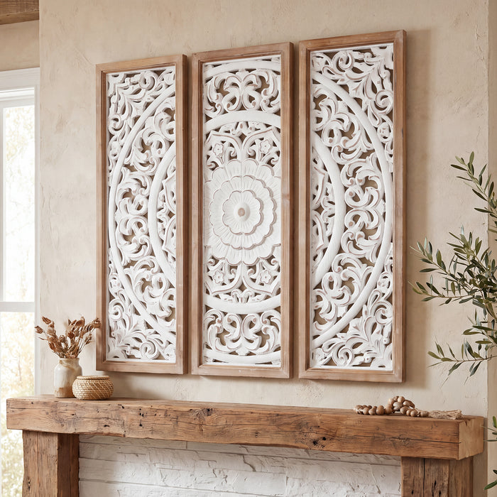 RiteSune Farmhouse Wall Sculpture Carved Wood Wall Art Decor, 3 Panel Floral Rustic Wooden Frame Hanging Wall Décor for Living Room Bedroom Entryway Hallway, 30" x 30"