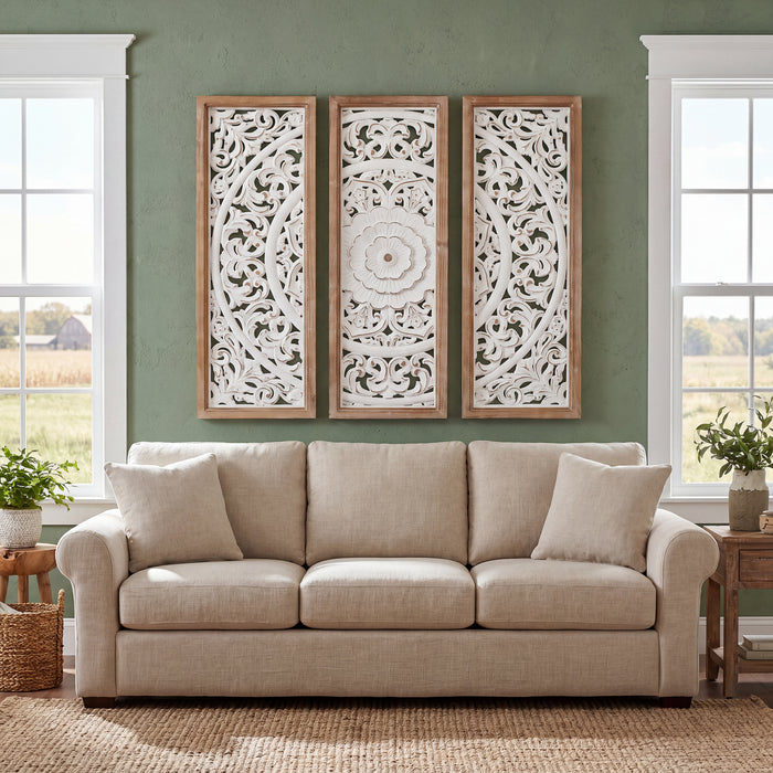 RiteSune Farmhouse Wall Sculpture Carved Wood Wall Art Decor, 3 Panel Floral Rustic Wooden Frame Hanging Wall Décor for Living Room Bedroom Entryway Hallway, 30" x 30"