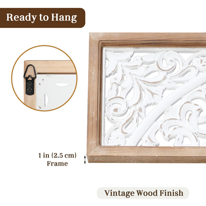RiteSune Farmhouse Wall Sculpture Carved Wood Wall Art Decor, 3 Panel Floral Rustic Wooden Frame Hanging Wall Décor for Living Room Bedroom Entryway Hallway, 30" x 30"