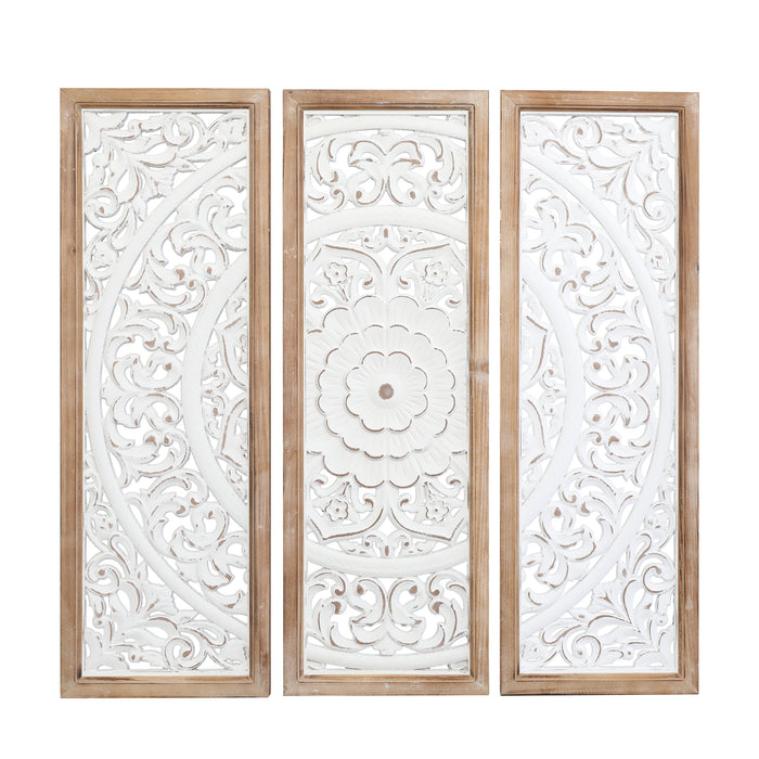RiteSune Farmhouse Wall Sculpture Carved Wood Wall Art Decor, 3 Panel Floral Rustic Wooden Frame Hanging Wall Décor for Living Room Bedroom Entryway Hallway, 30" x 30"