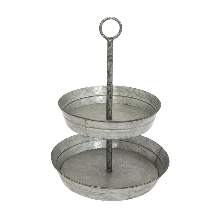 FLORA Farmhouse 2 Tiered Galvanized Serving Tray Stand with Carry Handle, Rustic Metal Display Tray for Cupcake Dessert Fruit, Silver