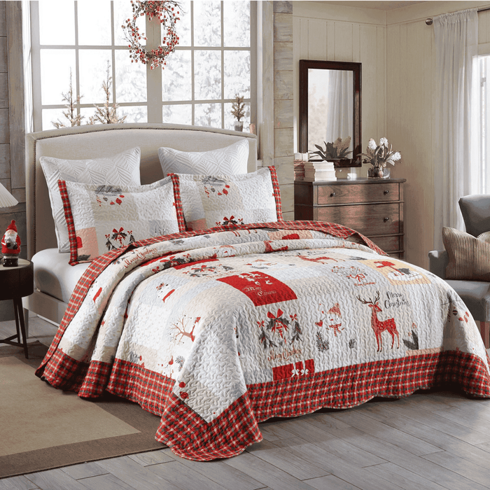 Marcielo Christmas Quilt Set - Mailbox, Deer, Snowman Pattern Holiday Bedding Bed Set (1 Quilt 2 Pillow Shams) - B023