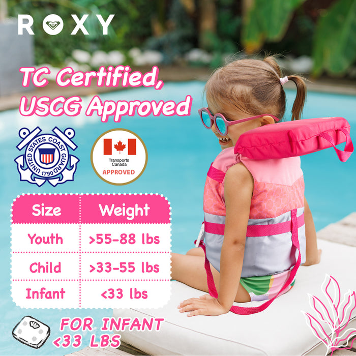 ROXY Infant Life Vest USCG Approved with Quick-Release Buckles & Leg Strap, Upright Flotation for Fishing, Boating & Kayaking