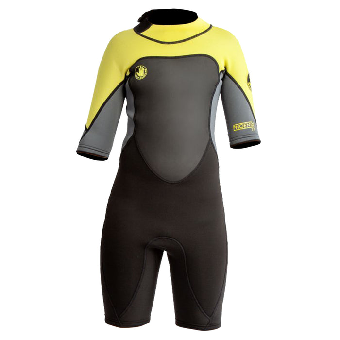 Body Glove Phoenix 2mm Youth Back-Zip Short Sleeve Springsuit, Child Spring Wetsuit for Kids Keep Warm Swimming - Black Yellow