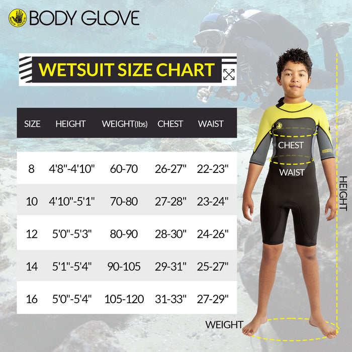 Body Glove Phoenix 2mm Youth Back-Zip Short Sleeve Springsuit, Child Spring Wetsuit for Kids Keep Warm Swimming - Black Yellow