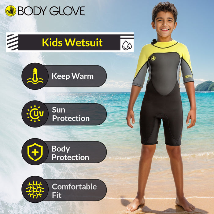Body Glove Phoenix 2mm Youth Back-Zip Short Sleeve Springsuit, Child Spring Wetsuit for Kids Keep Warm Swimming - Black Yellow