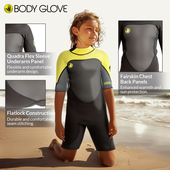 Body Glove Phoenix 2mm Youth Back-Zip Short Sleeve Springsuit, Child Spring Wetsuit for Kids Keep Warm Swimming - Black Yellow