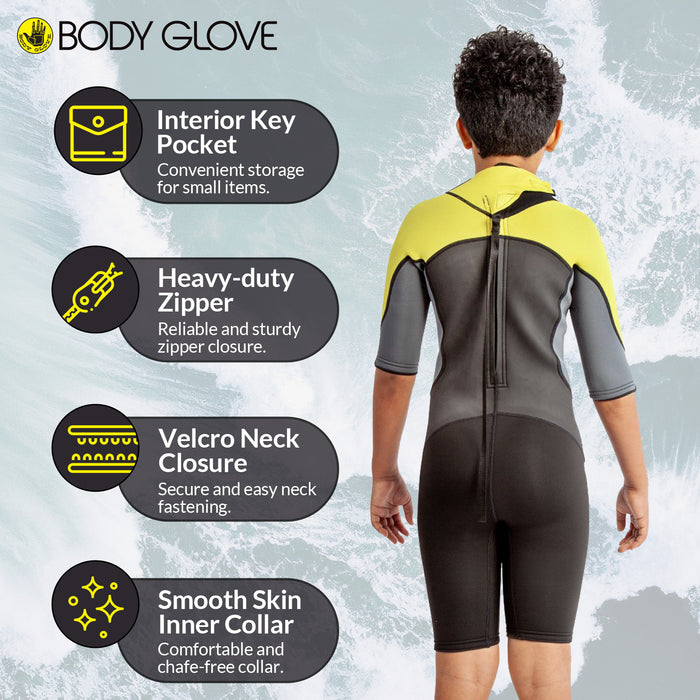 Body Glove Phoenix 2mm Youth Back-Zip Short Sleeve Springsuit, Child Spring Wetsuit for Kids Keep Warm Swimming - Black Yellow
