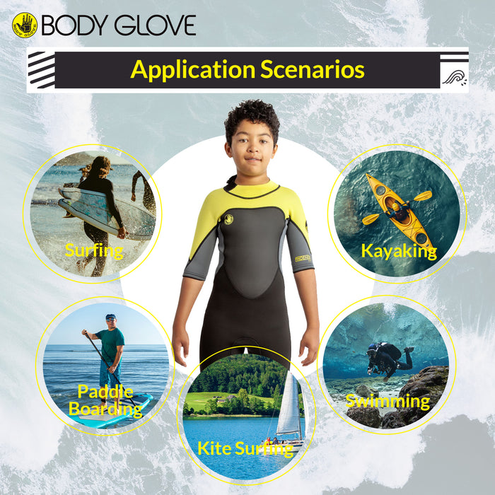 Body Glove Phoenix 2mm Youth Back-Zip Short Sleeve Springsuit, Child Spring Wetsuit for Kids Keep Warm Swimming - Black Yellow