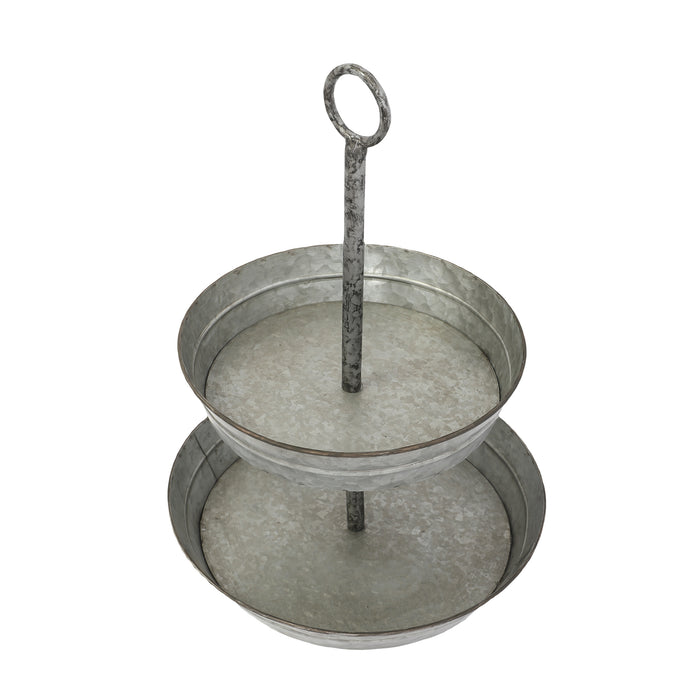 FLORA Farmhouse 2 Tiered Galvanized Serving Tray Stand with Carry Handle, Rustic Metal Display Tray for Cupcake Dessert Fruit, Silver