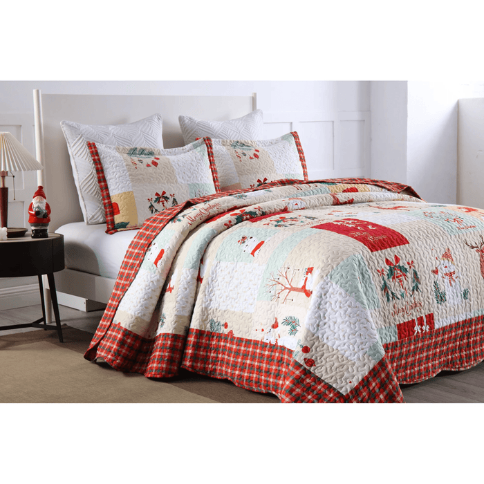 Marcielo Christmas Quilt Set - Mailbox, Deer, Snowman Pattern Holiday Bedding Bed Set (1 Quilt 2 Pillow Shams) - B023