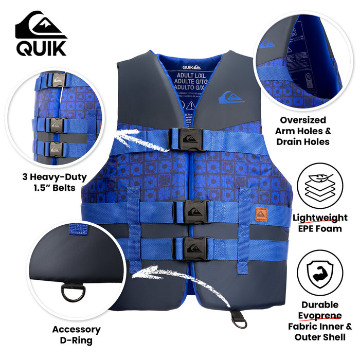 QUIKSILVER USCG Approved Men's Life Vest, Light-Weight EPE Foam and Drain Holes, Three Belts with Quick-Release Buckles & D-Ring for Fishing and Boating