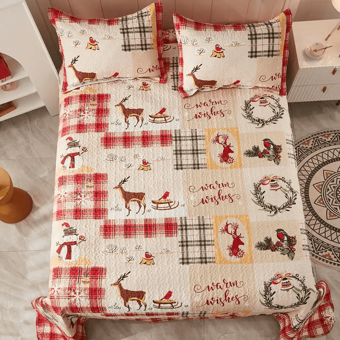 Marcielo Christmas Quilt Set - Snowflakes, Deer, Snowman Pattern Holiday Bedding Bed Set (1 Quilt 2 Pillow Shams) - B021