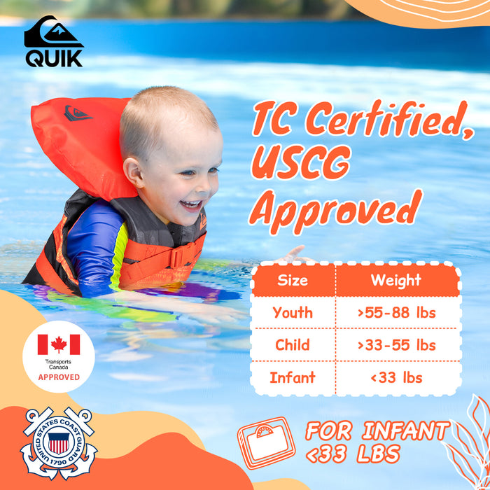 QUIKSILVER Infant Life Vest USCG Approved with Quick-Release Buckles & Leg Strap, Upright Flotation and Grab Handle, for Boating, Fishing & Kayaking