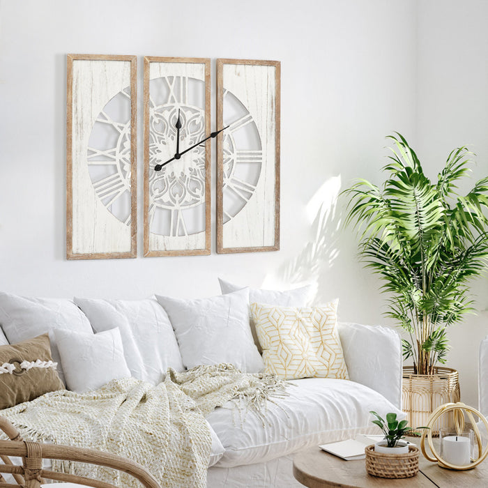 30 inch Farmhouse Wall Clock Triptych Panel Wooden Wall Clock