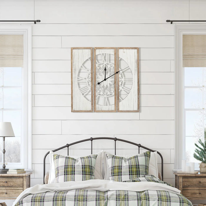 30 inch Farmhouse Wall Clock Triptych Panel Wooden Wall Clock