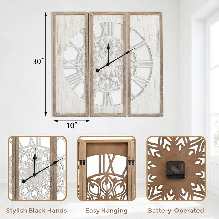 30 inch Farmhouse Wall Clock Triptych Panel Wooden Wall Clock