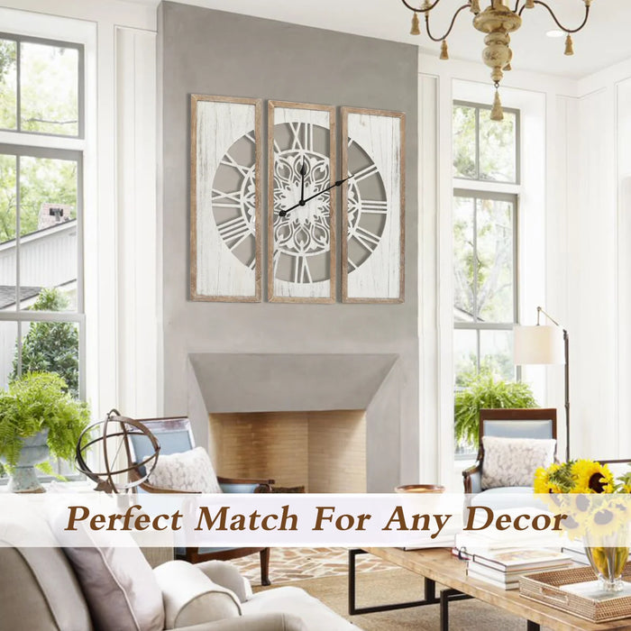 30 inch Farmhouse Wall Clock Triptych Panel Wooden Wall Clock