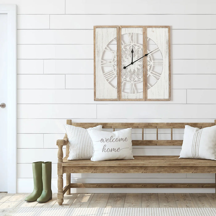 30 inch Farmhouse Wall Clock Triptych Panel Wooden Wall Clock