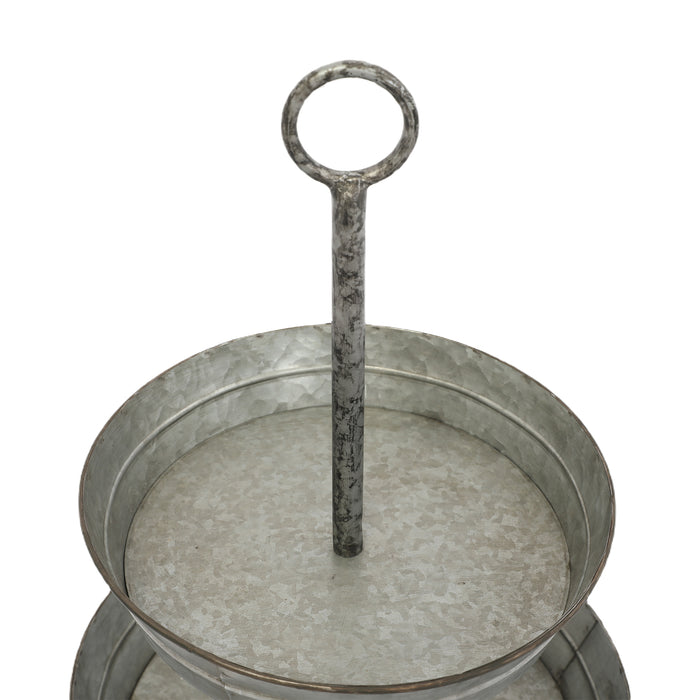 FLORA Farmhouse 2 Tiered Galvanized Serving Tray Stand with Carry Handle, Rustic Metal Display Tray for Cupcake Dessert Fruit, Silver