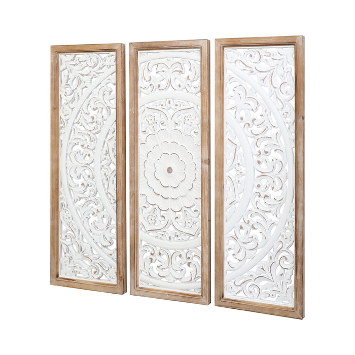 RiteSune Farmhouse Wall Sculpture Carved Wood Wall Art Decor, 3 Panel Floral Rustic Wooden Frame Hanging Wall Décor for Living Room Bedroom Entryway Hallway, 30" x 30"
