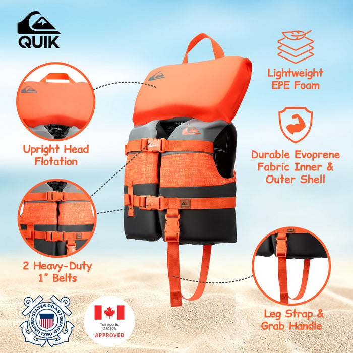 QUIKSILVER Infant Life Vest USCG Approved with Quick-Release Buckles & Leg Strap, Upright Flotation and Grab Handle, for Boating, Fishing & Kayaking