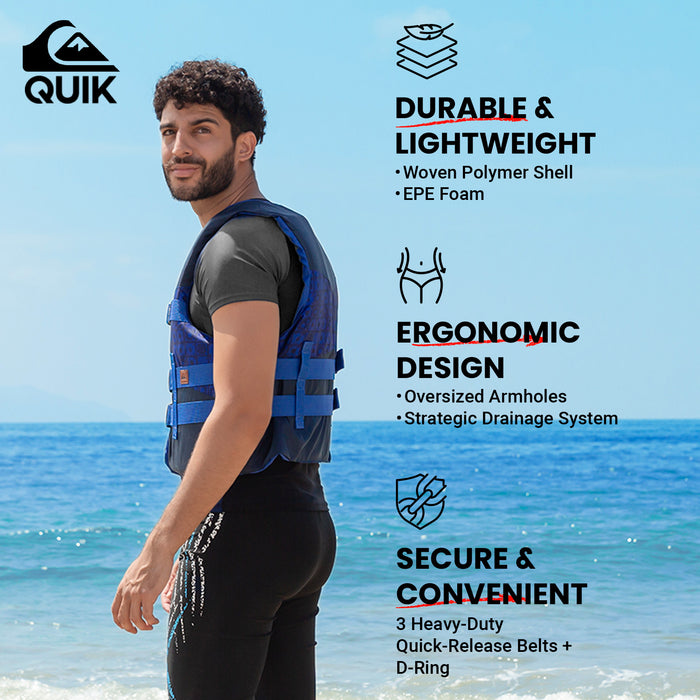 QUIKSILVER USCG Approved Men's Life Vest, Light-Weight EPE Foam and Drain Holes, Three Belts with Quick-Release Buckles & D-Ring for Fishing and Boating