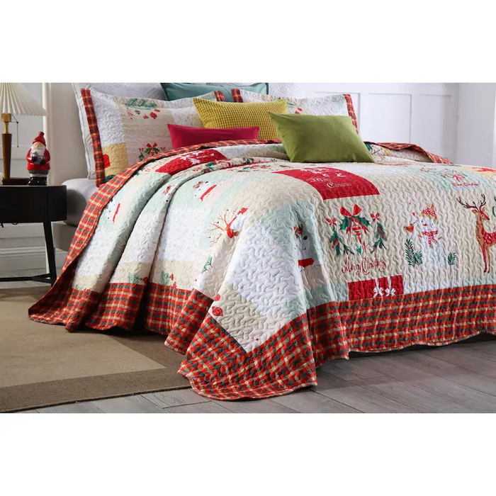 Marcielo Christmas Quilt Set - Mailbox, Deer, Snowman Pattern Holiday Bedding Bed Set (1 Quilt 2 Pillow Shams) - B023