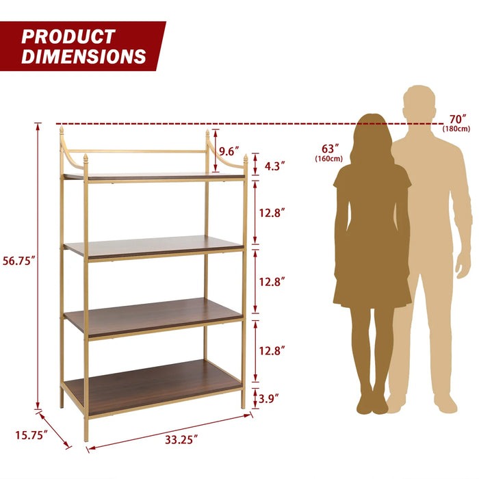 4 Tiers Bookcase with Metal Frame, 56.75" X 33.25"