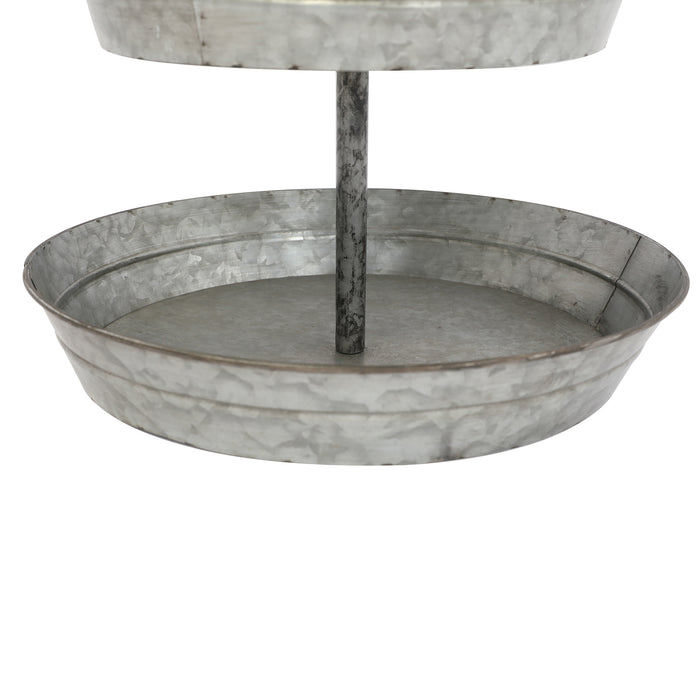 FLORA Farmhouse 2 Tiered Galvanized Serving Tray Stand with Carry Handle, Rustic Metal Display Tray for Cupcake Dessert Fruit, Silver