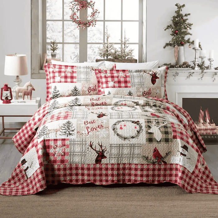 Marcielo Christmas Quilt Set - Xmas Tree Elk Holiday Bedding Bed Set (1 Quilt 2 Pillow Shams) - B009