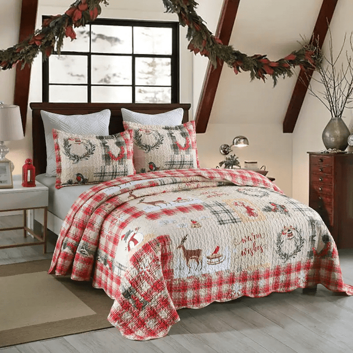 Marcielo Christmas Quilt Set - Snowflakes, Deer, Snowman Pattern Holiday Bedding Bed Set (1 Quilt 2 Pillow Shams) - B021