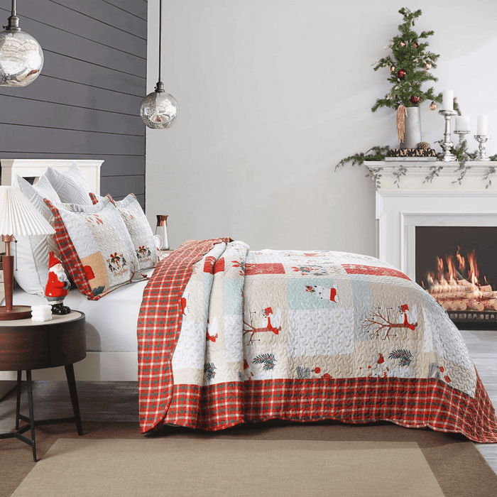 Marcielo Christmas Quilt Set - Mailbox, Deer, Snowman Pattern Holiday Bedding Bed Set (1 Quilt 2 Pillow Shams) - B023