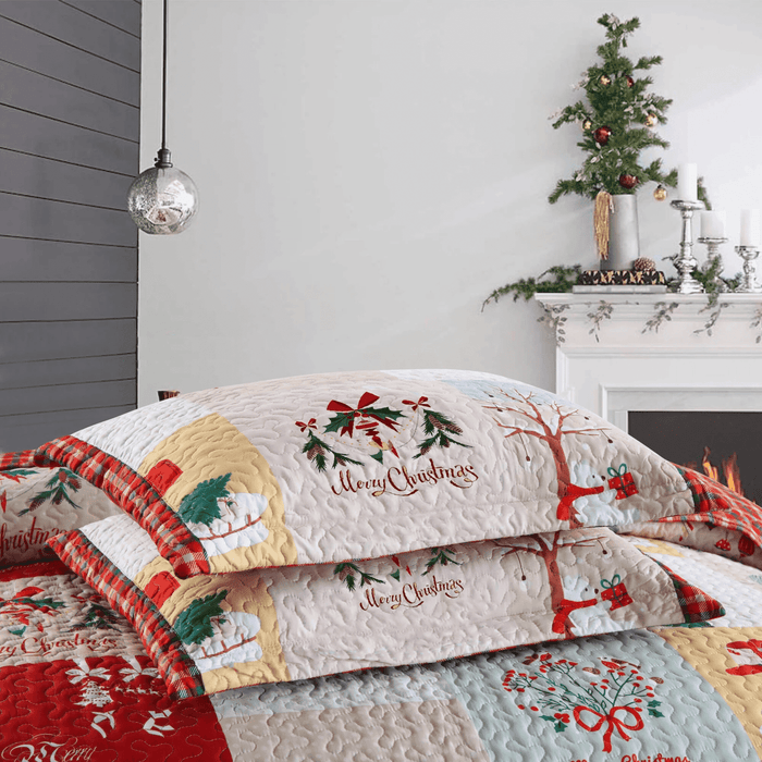 Marcielo Christmas Quilt Set - Mailbox, Deer, Snowman Pattern Holiday Bedding Bed Set (1 Quilt 2 Pillow Shams) - B023