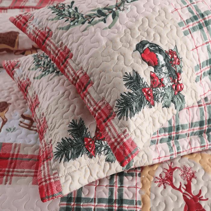 Marcielo Christmas Quilt Set - Snowflakes, Deer, Snowman Pattern Holiday Bedding Bed Set (1 Quilt 2 Pillow Shams) - B021