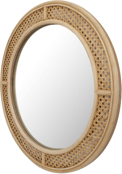 24" Round Rattan Wall Mirror with Wooden Framed, Modern Boho Decorative Mirror